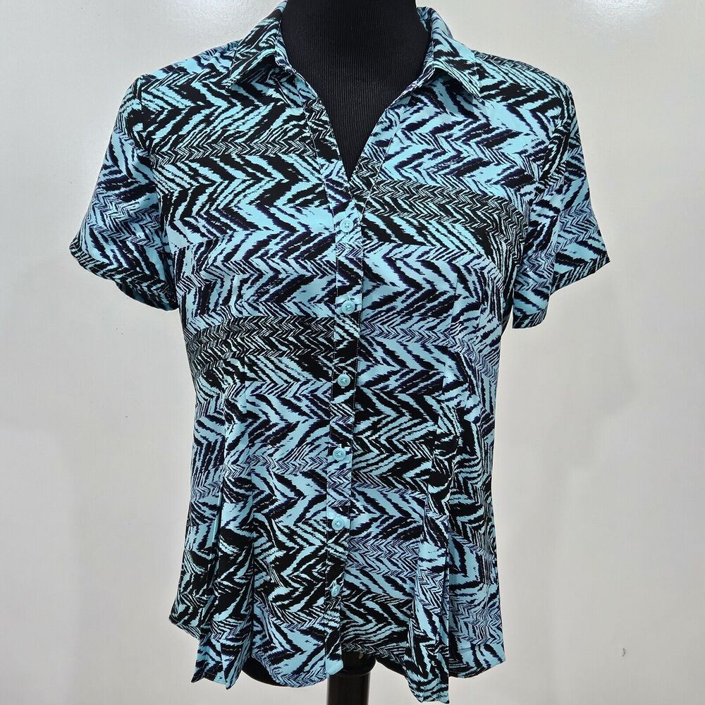 Dana Buchman Womens Pleated Button Up Top Size Medium Geometric Chevron Tribal